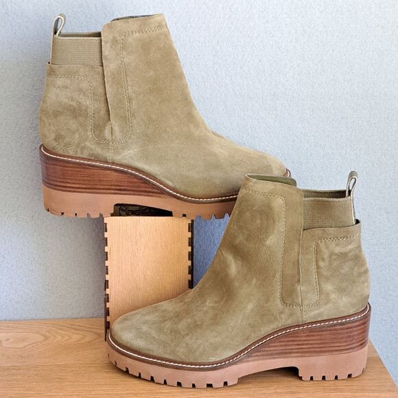 Vince Camuto Dendra Utility Green Suede Wedge Gore Boots Ankle Heeled 40 9 - Picture 4 of 13